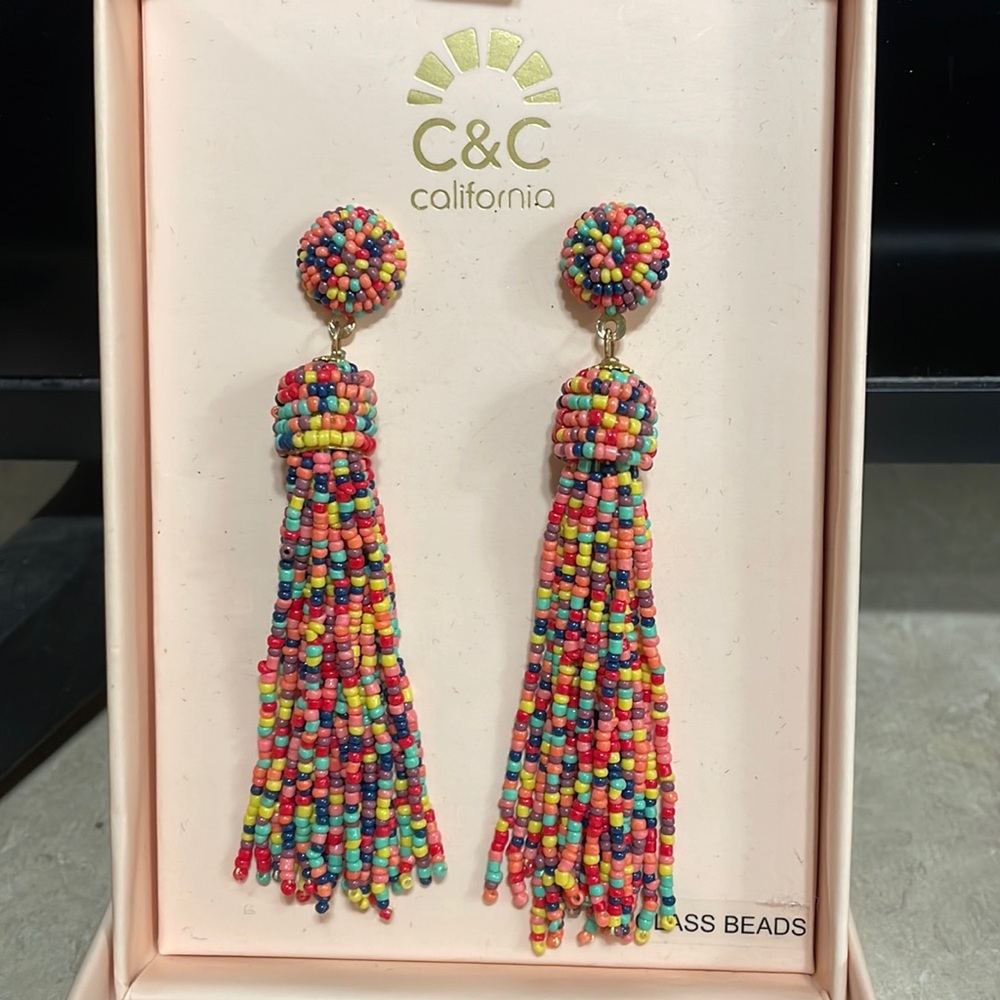 Dangling glass bead tassel earrings